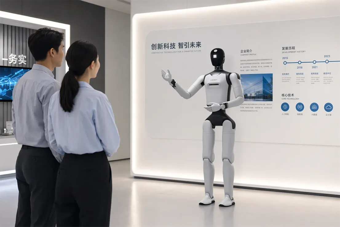 AgiBot A3 Ultra greeting visitors in a showroom