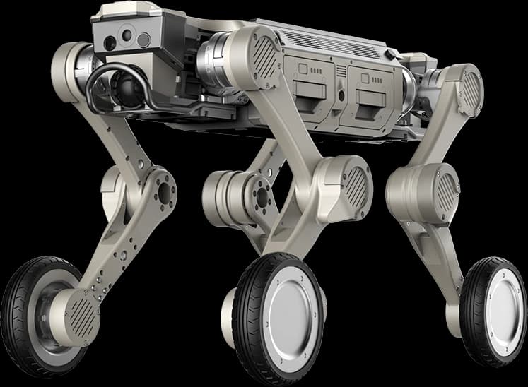 AgiBot D1 Max tekerlekli-bacaklı dört ayaklı robot, yandan görünüm