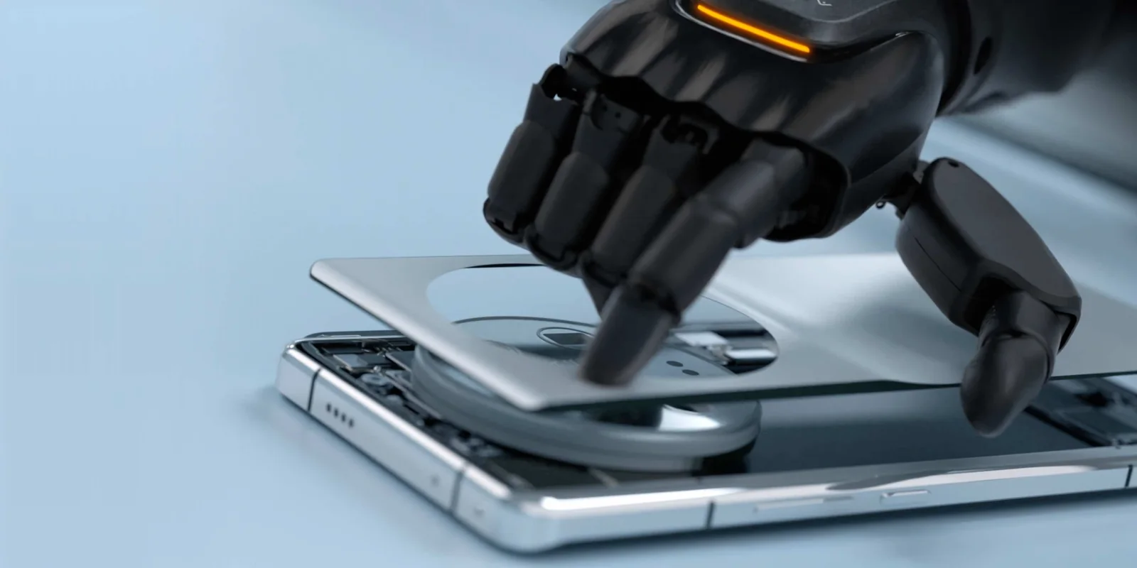 AgiBot G2'nin becerikli eli bir telefonu hassasiyetle tutuyor