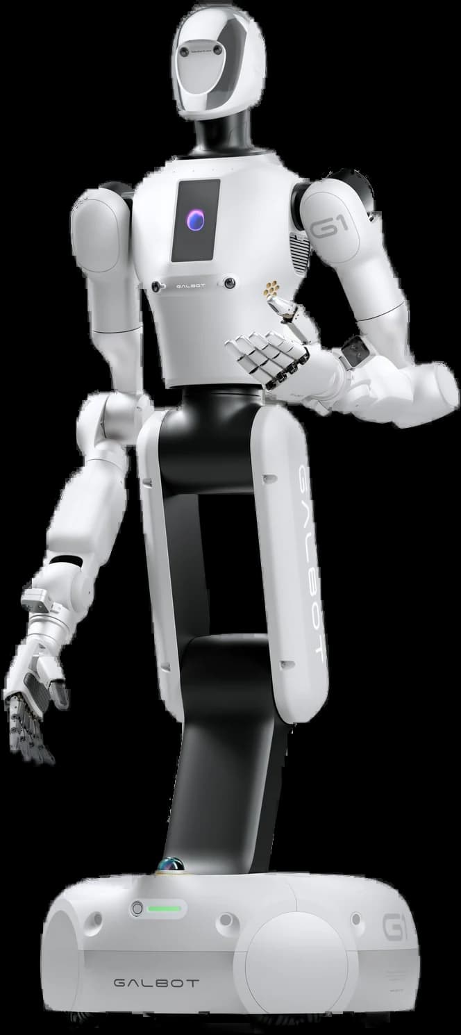 Galbot G1 tekerlekli çift kollu hizmet robotu, önden görünüm