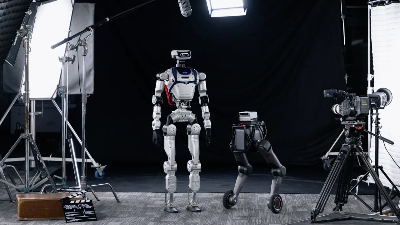Film stüdyosunda LimX Oli insansı robotu ve tekerlekli bacak formundaki TRON 2 yan yana
