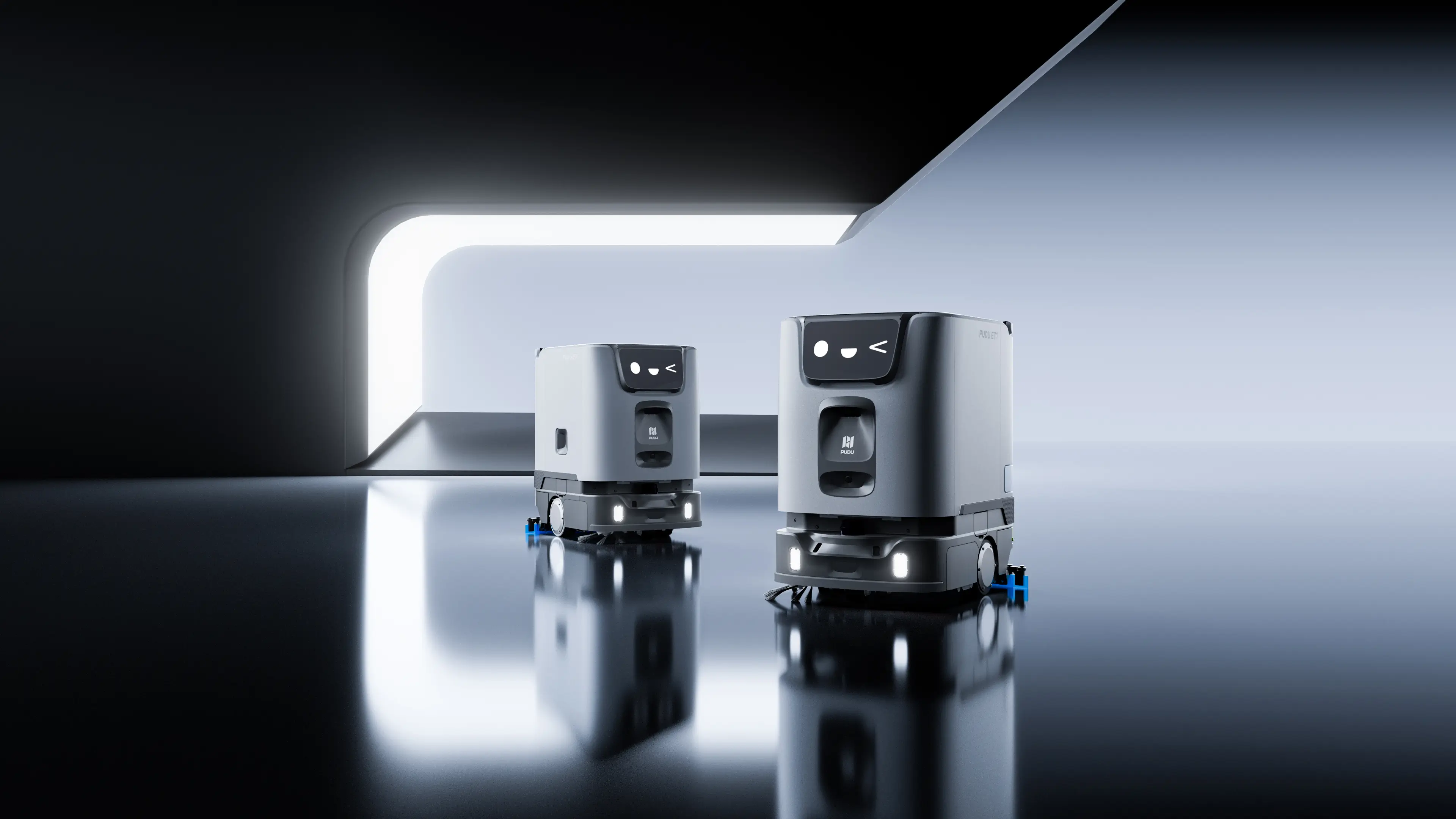 A Pudu autonomous cleaning robot working in a large indoor space