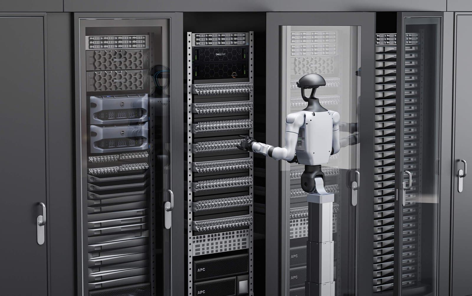 Veri merkezinde raf önünde çalışan, tekerlekli tabana monte insansı robot