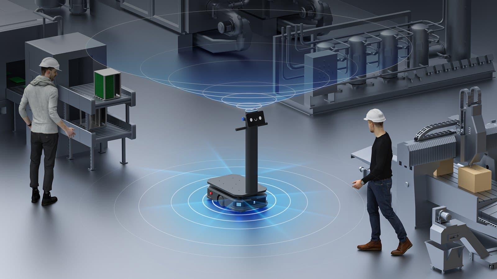 Üretim tesisinde otonom navigasyonla ilerleyen mobil robot ve saha personeli