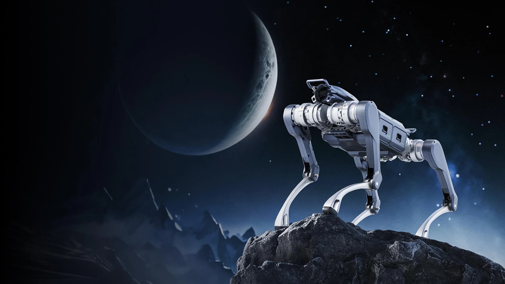 Kayalık bir tepede duran Unitree dörtayaklı robot; arkada gece göğü ve ay