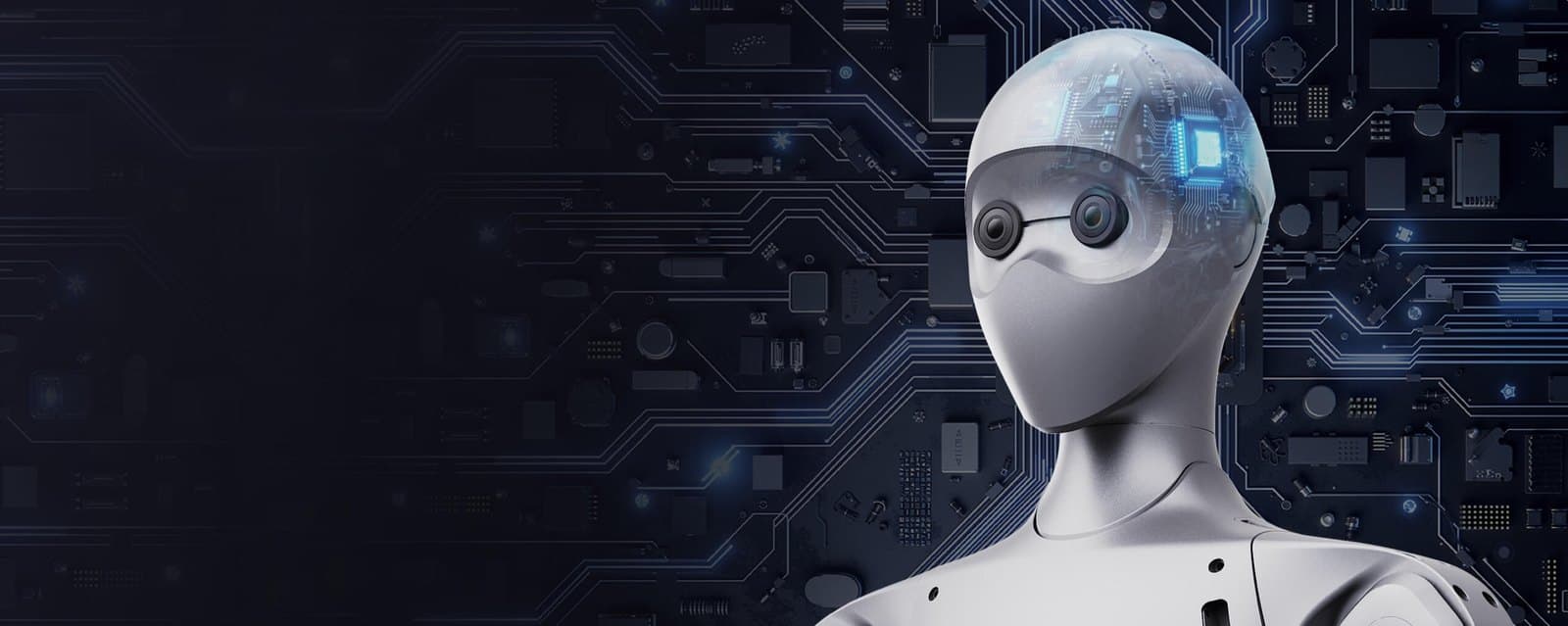 Devre kartı deseni önünde beyaz gövdeli insansı robot
